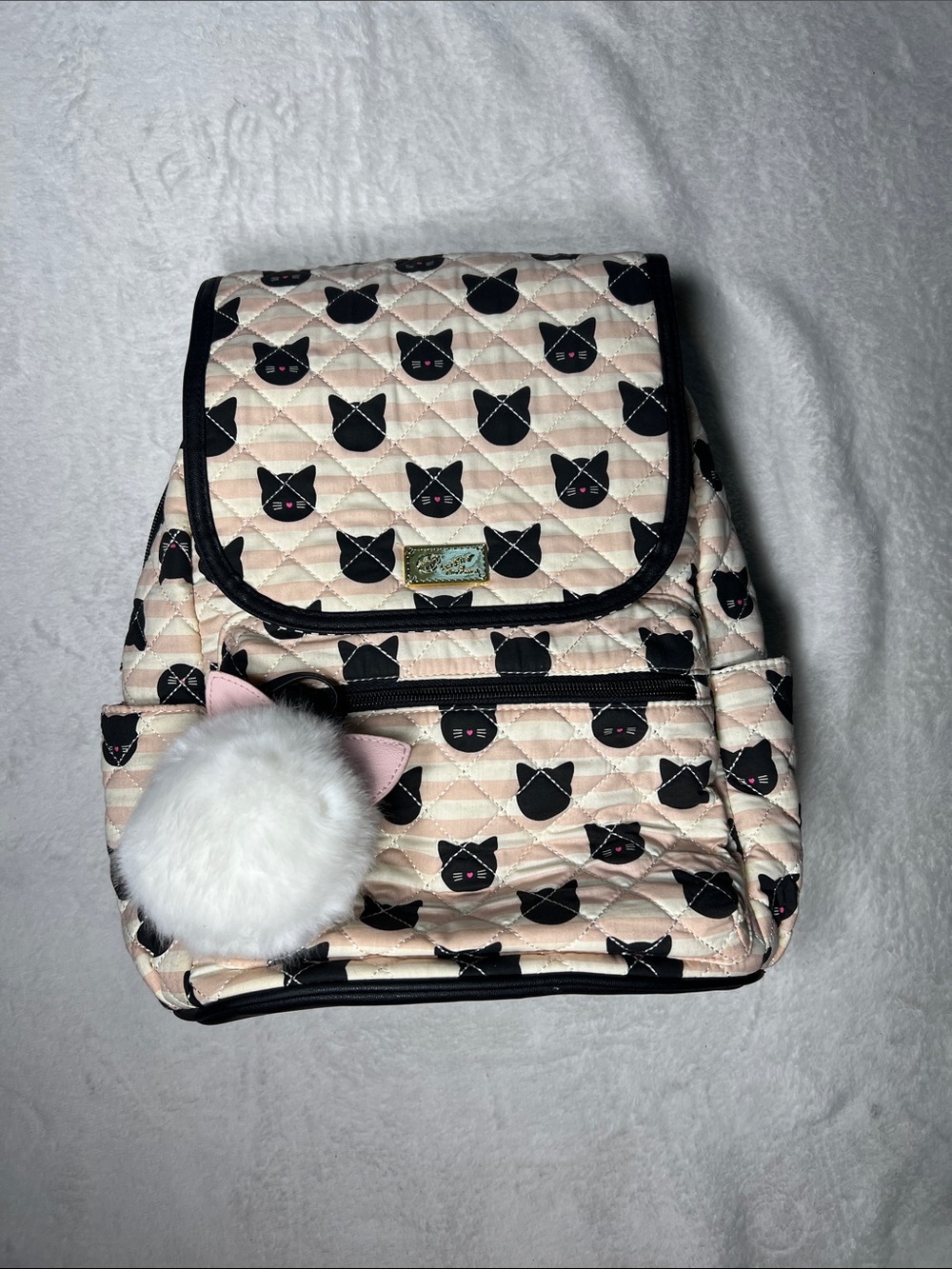 Luv Betsey Johnson Mini Backpack Kitty Cat Pink White Stripe w/ Pom Pom